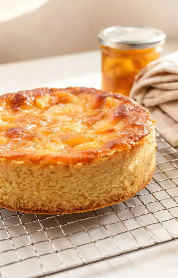 Finished fresh peach cake cooling on a wire rack, springform pan removed, showing caramelized sugar crust top