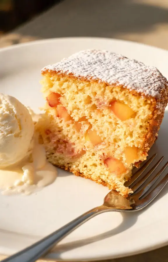 Slice of fresh peach cake showing golden crumb and peach pieces, served on a white plate