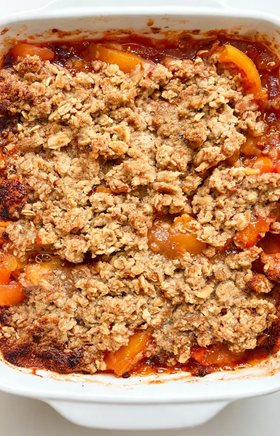 peach crumble recipe with a golden buttery oat topping img 1
