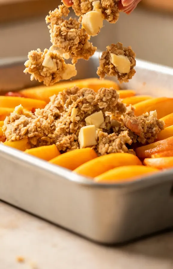 peach crumble recipe with a golden buttery oat topping img 4
