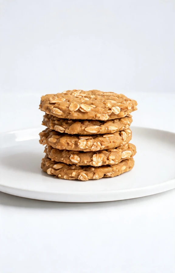 4 ingredient peanut butter oatmeal no bake cookies stacked on a white plate