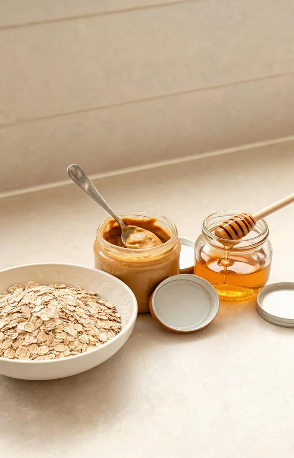 Quick oats measured in a white bowl next to creamy peanut butter and honey for no bake cookies