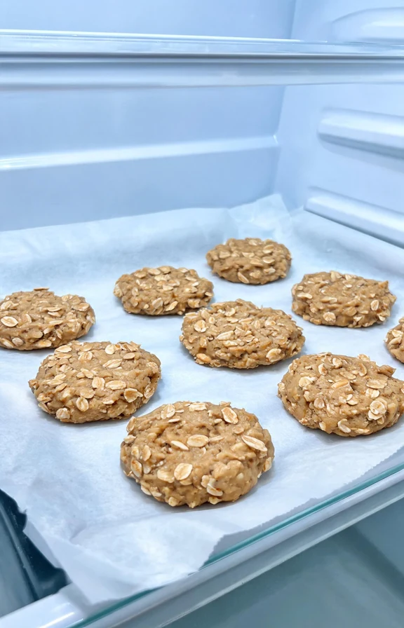 No bake peanut butter oatmeal cookies chilling on parchment paper in the refrigerator