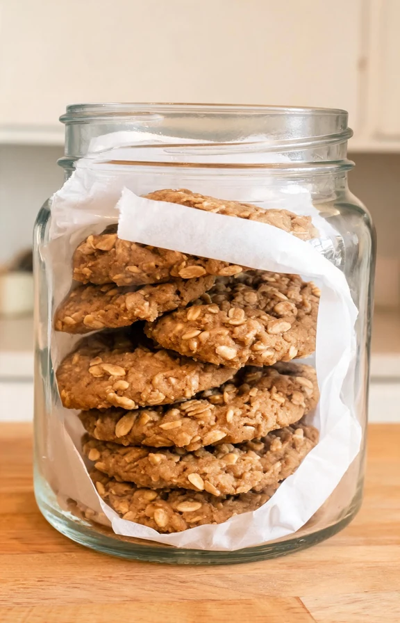 Finished no bake peanut butter oatmeal cookies stored in a glass container lined with parchment