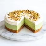 Whole pistachio praline mousse cake on white marble cake stand