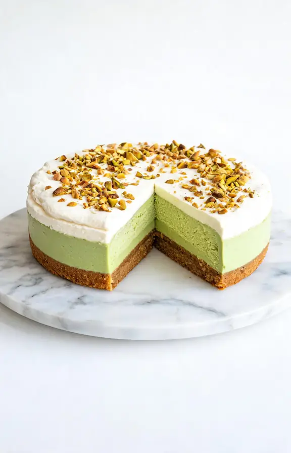 Whole pistachio praline mousse cake on white marble cake stand