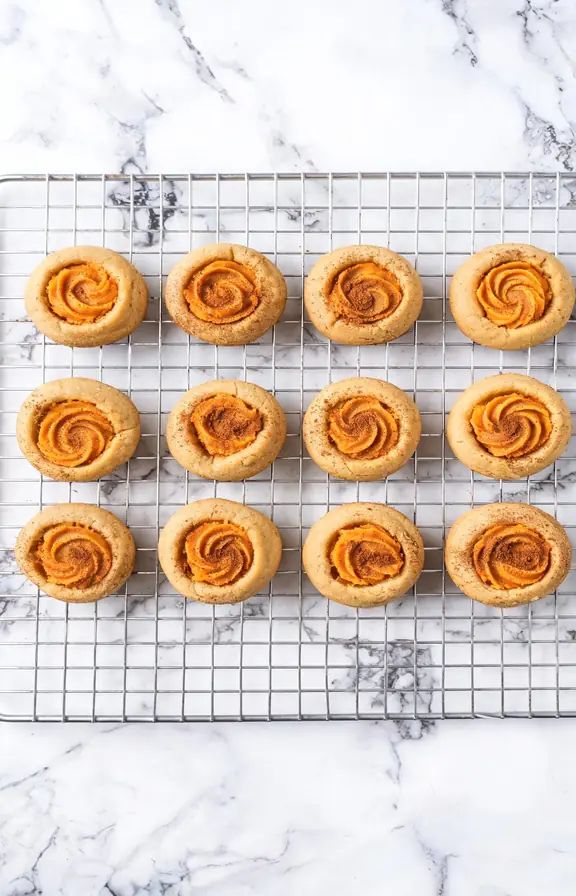 Pumpkin spice thumbprint cookies on a cooling rack