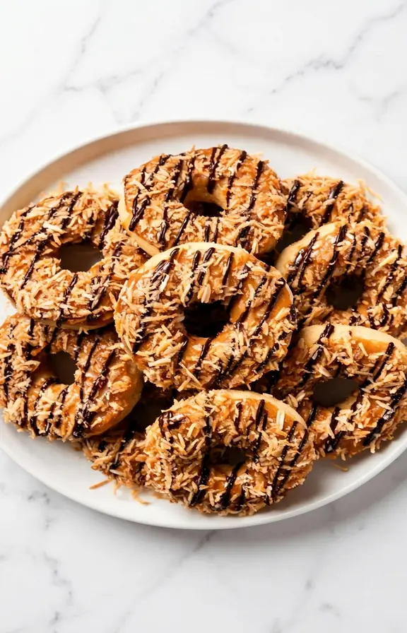 Plate of homemade Samoas cookies showing crisp shortbread rings topped with golden toasted coconut caramel