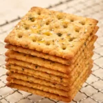 Stack of finished crackers on wire cooling rack, dimpled surface, olive oil sheen, dried herb specks
