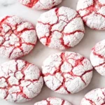 A batch of strawberry crinkle cookies arranged on a white marble surface