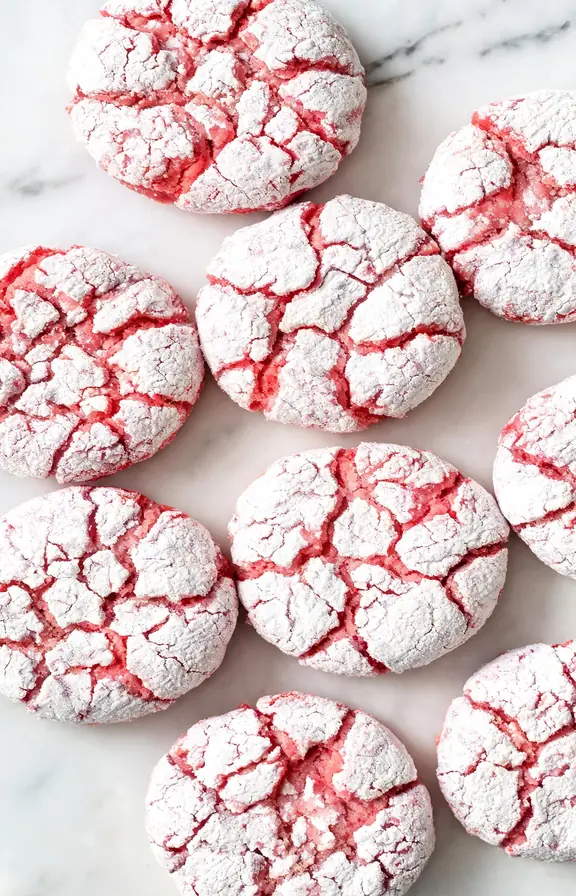 A batch of strawberry crinkle cookies arranged on a white marble surface