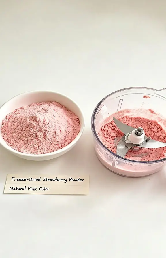 Fine freeze-dried strawberry powder in a bowl next to a food processor