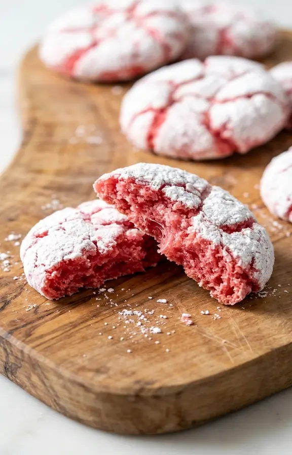 A single strawberry crinkle cookie broken in half on a wooden board
