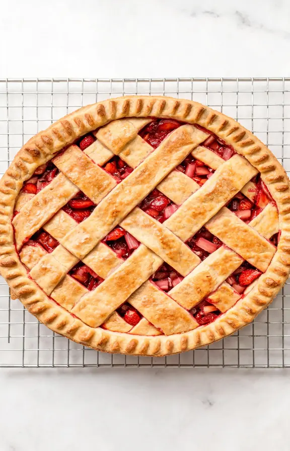 A whole golden-baked strawberry rhubarb lattice pie cooling on a wire rack