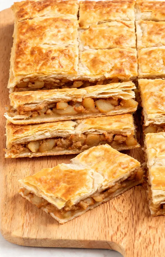 Apple pie bars with puff pastry sliced into squares on a cutting board, showing the golden flaky top layer and set cinnamon apple filling inside