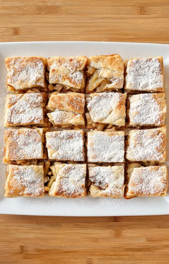 Overhead view of apple pie bars made with puff pastry arranged on a serving platter with a dusting of powdered sugar
