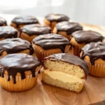 A dozen Boston cream pie cupcakes arranged on a wooden board
