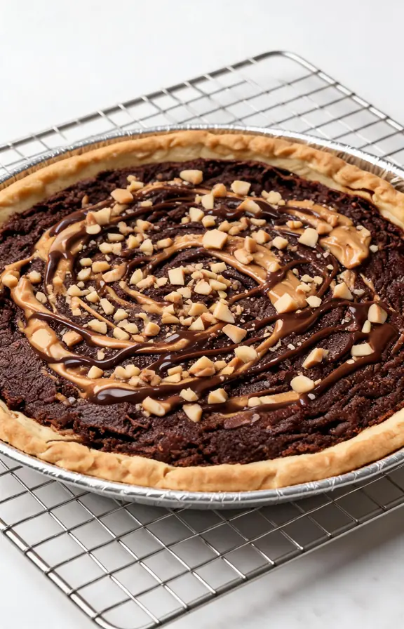 Chocolate peanut butter brownie pie in a pie plate on a cooling rack