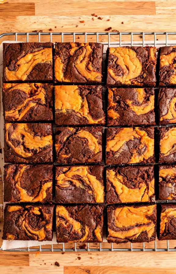 Overhead shot of chocolate pumpkin brownies with a marbled swirl top cut into squares on a wire rack