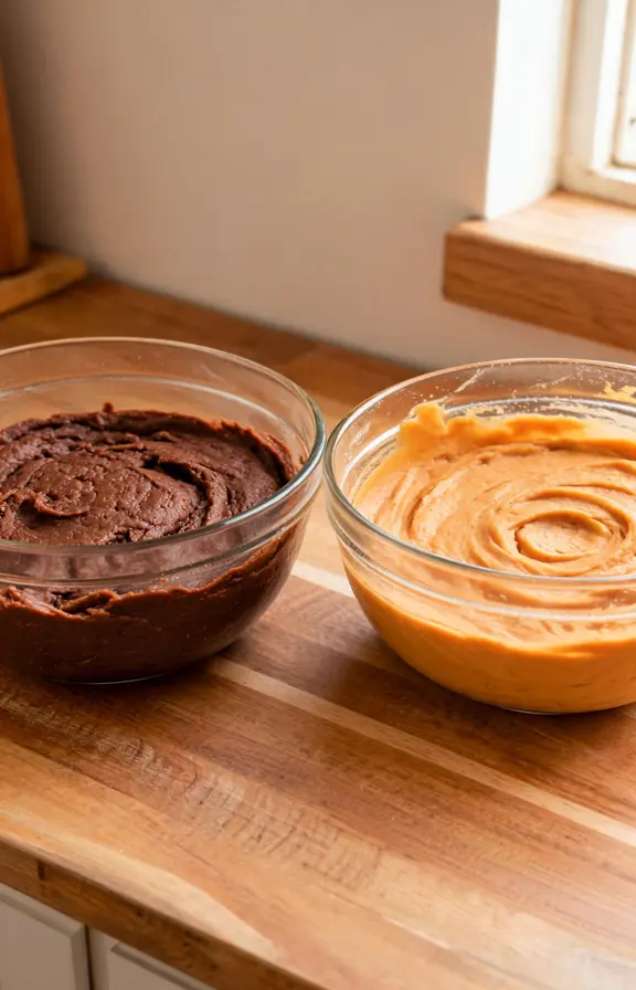 Two bowls side by side showing thick chocolate brownie batter and thickened pumpkin swirl batter of matching consistency