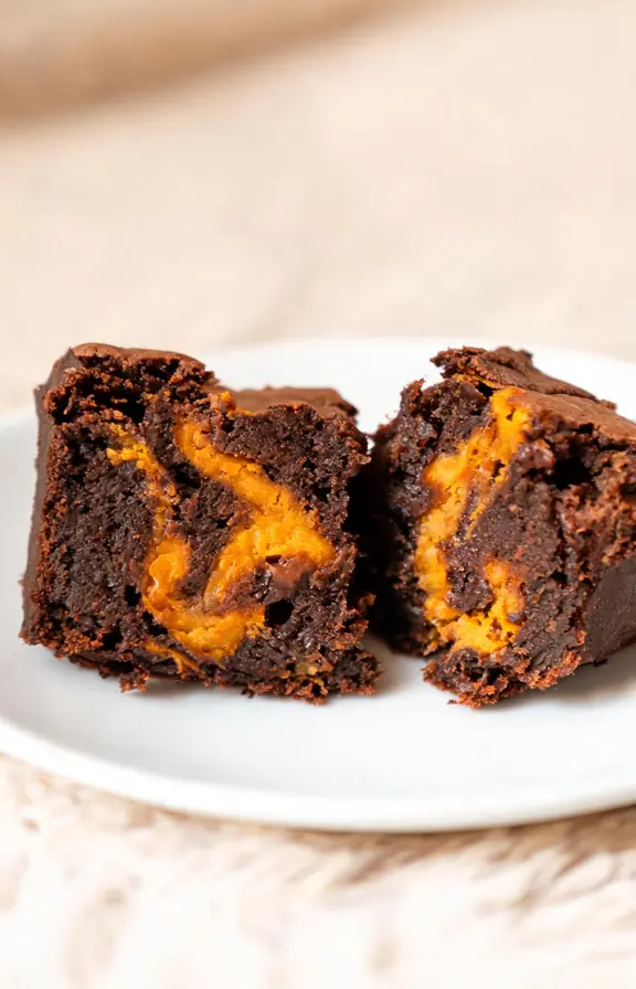 Close up of a single chocolate pumpkin brownie broken in half showing fudgy interior and marbled pumpkin swirl
