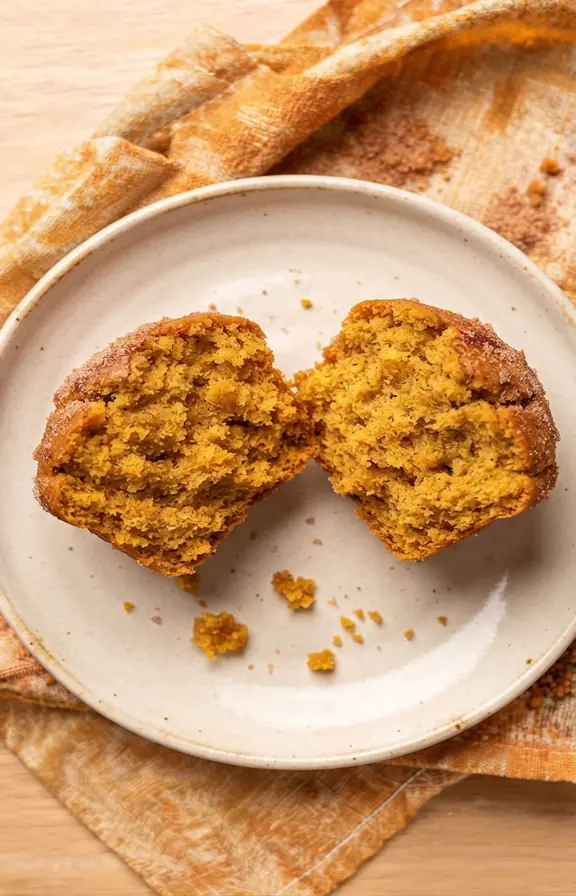 Close up of a cinnamon sugar pumpkin muffin broken in half showing the soft pumpkin crumb
