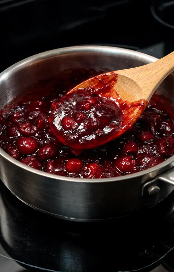 A saucepan of glossy dark cherry pie filling being stirred with a wooden spoon, thick enough to coat the back of the spoon