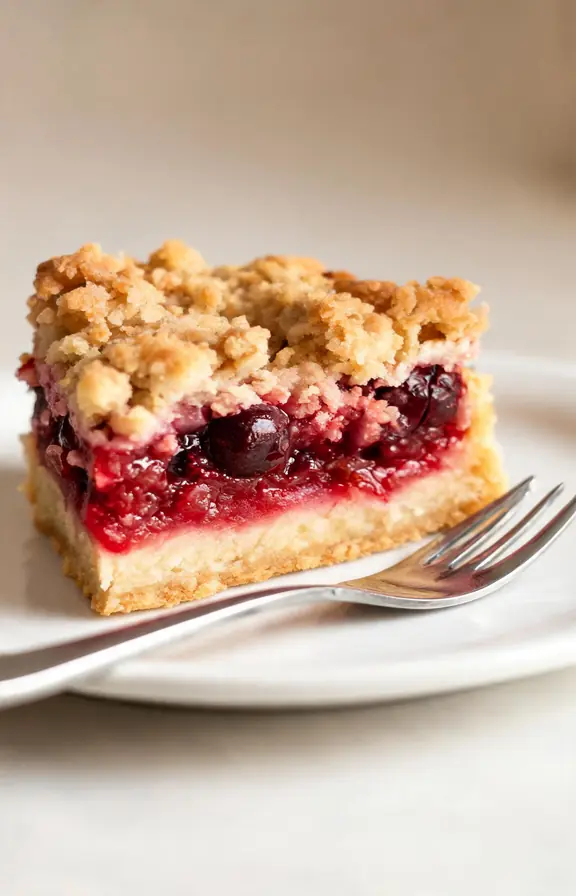 A close up slice of cherry pie bar on a white plate, showing a clean cut edge with distinct crust, cherry filling, and crumble layers