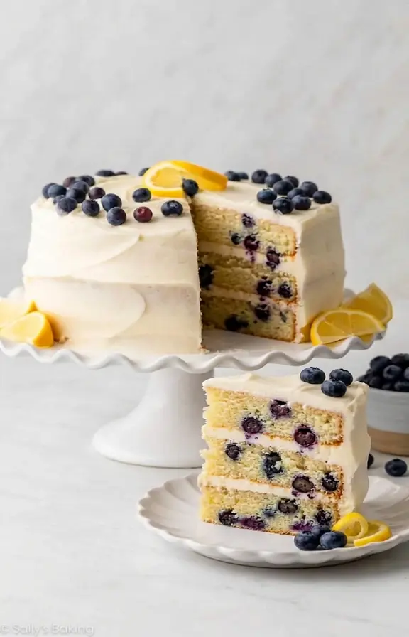 Three layer lemon blueberry cake with cream cheese frosting