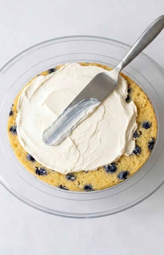 Spreading cream cheese frosting over a leveled lemon blueberry cake layer with a metal offset spatula on a rotating cake turntable