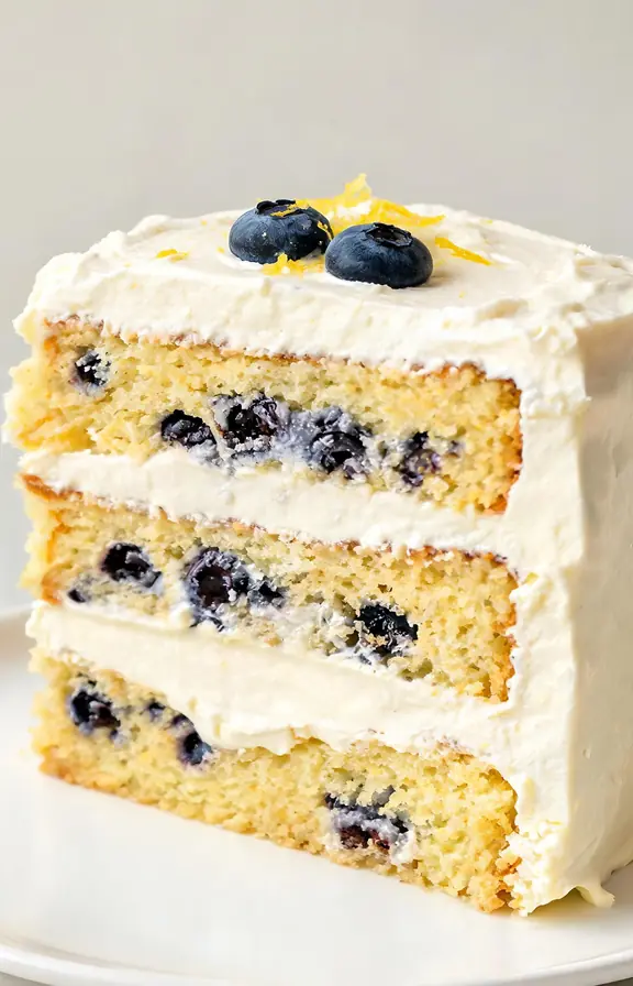 Close up slice of lemon blueberry layer cake on a plate showing three tender cake layers, visible blueberries, and smooth cream cheese frosting