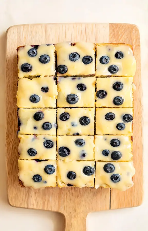 Lemon blueberry sheet cake in a half sheet pan, cut into squares, topped with lemon glaze and fresh blueberries