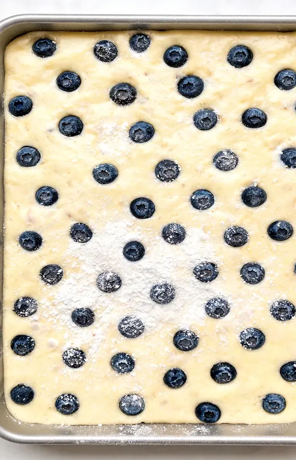 Overhead shot of lemon blueberry sheet cake batter in a half sheet pan studded with fresh blueberries before baking