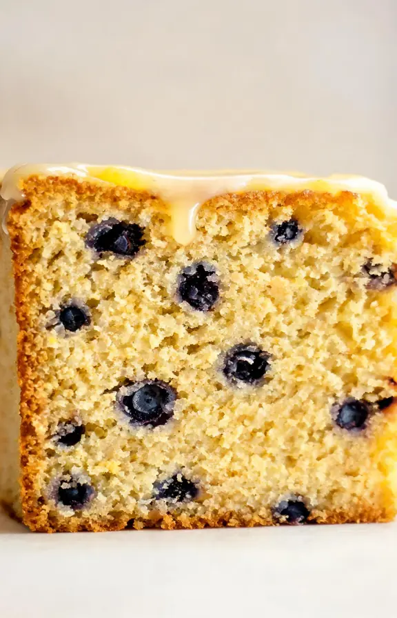 Close-up slice of lemon blueberry sheet cake showing an even crumb with visible blueberries and lemon glaze drizzle