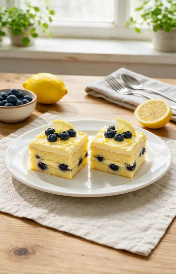 2 single slices of lemon blueberry sheet cake on a white plate