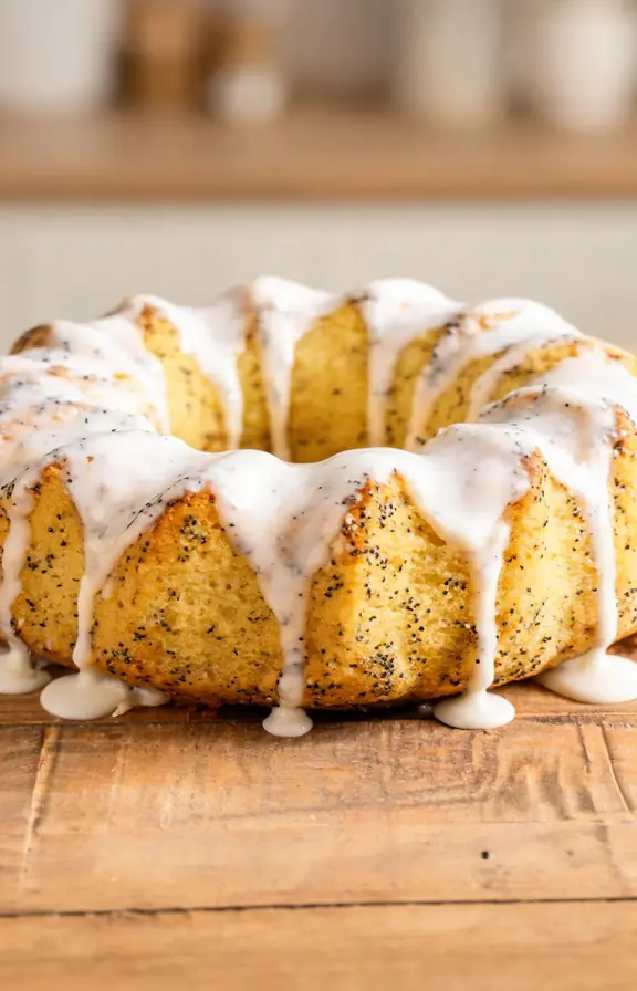 Whole lemon poppy seed bundt cake with white lemon glaze dripping down the sides on a wooden board