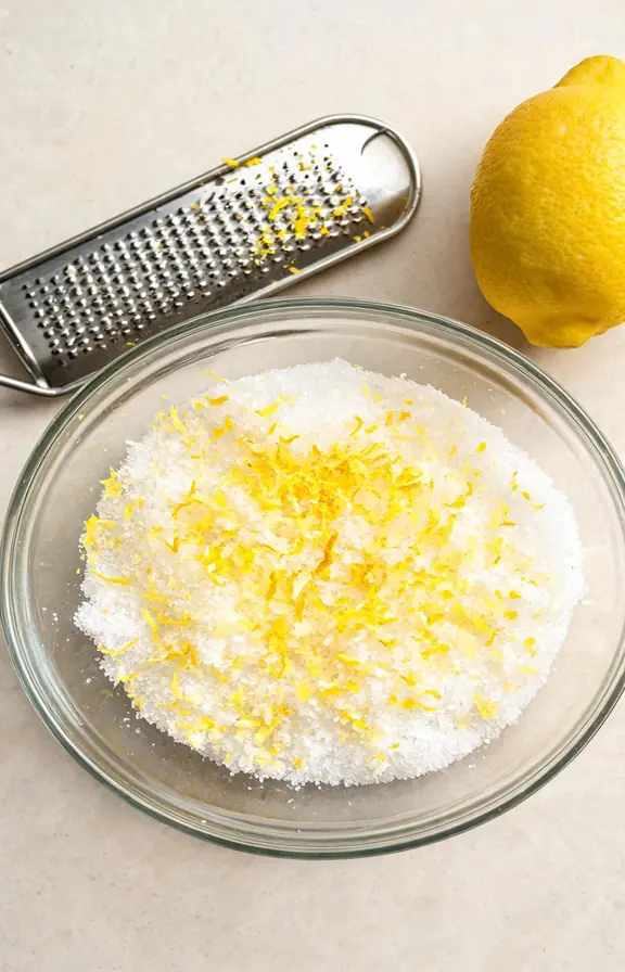 Fresh lemon zest being rubbed into a bowl of granulated sugar until pale yellow and fragrant