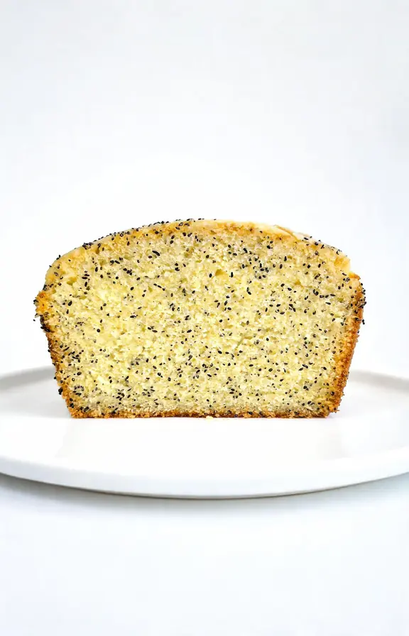 Sliced lemon poppy seed cake on a plate showing evenly distributed poppy seeds throughout the crumb with no sinking