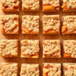 Sixteen golden peach pie crumb bars cut into squares on a parchment-lined board, showing juicy peach filling between buttery oat crumb layers