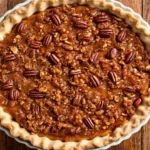 Whole pecan topped pumpkin pie with a glossy praline layer and toasted pecan halves on a wood table