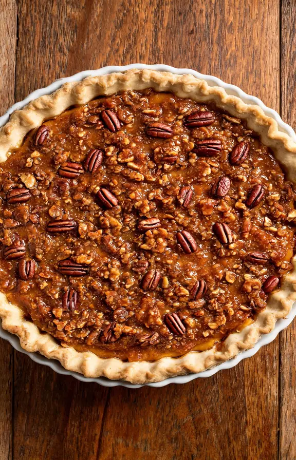 Whole pecan topped pumpkin pie with a glossy praline layer and toasted pecan halves on a wood table