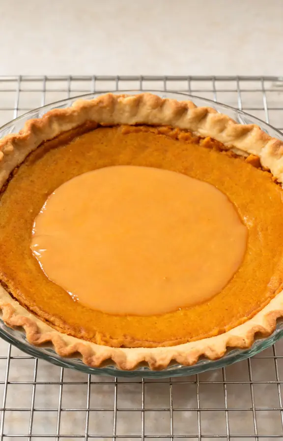 Pumpkin custard pie partially baked with set edges and a jiggly center, ready for the pecan praline topping
