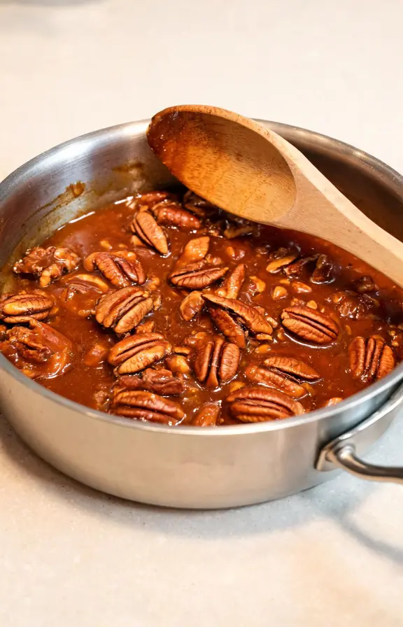 Toasted pecan halves being folded into a butter and brown sugar praline mixture in a saucepan
