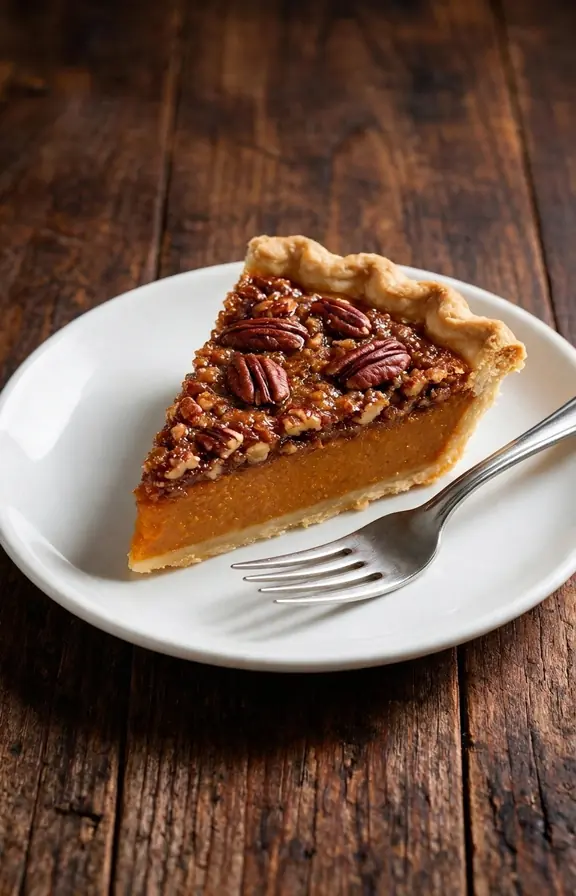 Slice of pecan topped pumpkin pie showing the distinct custard layer under a crisp pecan praline top