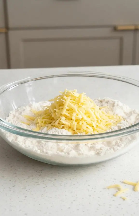 Frozen butter being grated on the large holes of a box grater directly into a bowl of flour for pie dough