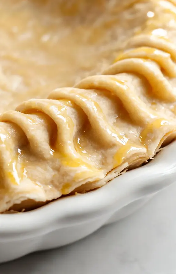 Close-up of a fluted, egg-washed pie crust edge before going into the oven