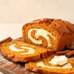 A sliced loaf of pumpkin bread, warm autumn light from the side, one slice lying flat showing a thick, distinct cream cheese layer running through the center