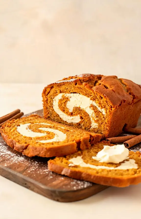 A sliced loaf of pumpkin bread, warm autumn light from the side, one slice lying flat showing a thick, distinct cream cheese layer running through the center