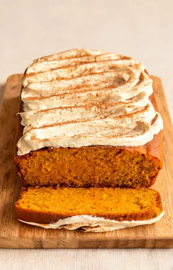 A golden-brown pumpkin loaf on a wooden board, topped with swooped cream cheese frosting