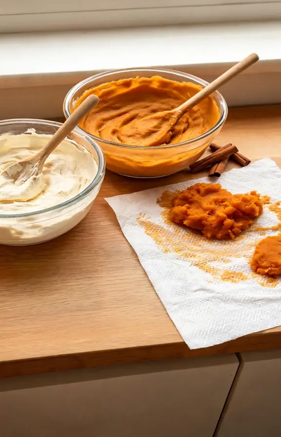 Cream cheese batter split into a plain bowl and a pumpkin spiced bowl with blotted pumpkin puree on paper towels beside them
